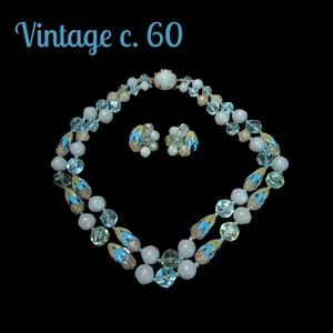 Vintage c.1960 Beaded Double Strand Push Clasp Bubble Necklace & Clip Earr…